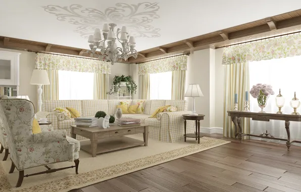 Room, sofa, chairs, the ceiling, chandelier, living room