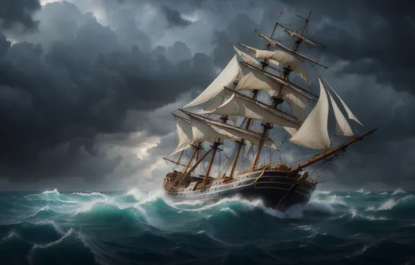 Picture Clouds, Sea, Wave, Ship, Storm, The wind, Digital art, Sailing ship