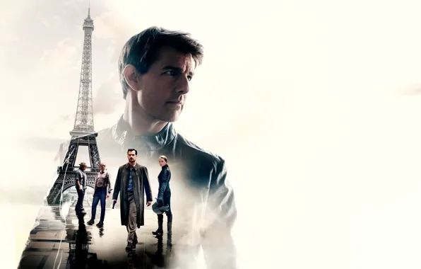 Collage, white background, Eiffel tower, action, poster, Tom Cruise, characters, Tom Cruise