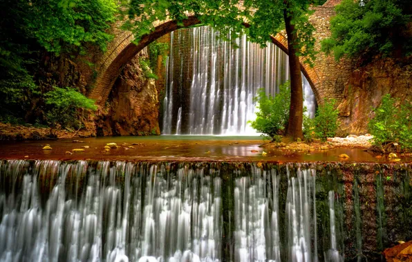 Trees, bridge, river, Greece, waterfalls, Greece, Thessaly, Thessaly