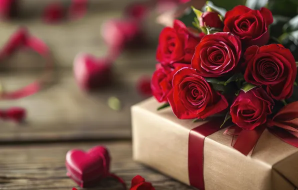 Flowers, holiday, gift, heart, Board, roses, bouquet, heart