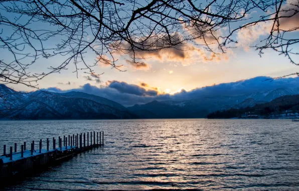 Clouds, mountains, lake, The Lake at Nikko