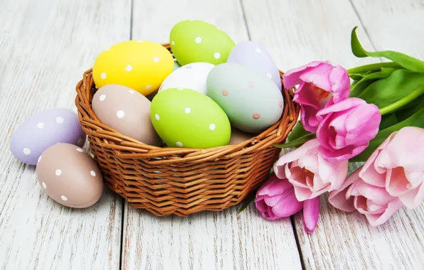 Flowers, eggs, spring, colorful, Easter, tulips, happy, wood