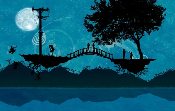 Picture bridge, people, tree, Vector