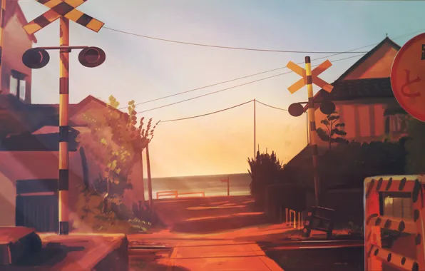 Sea, the sky, home, signs, railway crossing