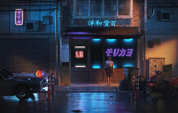 Night, The city, Neon, Machine, Street, Rain, Moped, City