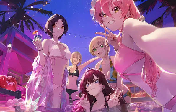 Sexy, pool, cleavage, pink hair, green eyes, long hair, girls, boobs