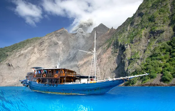 Picture sea, forest, the sky, mountains, photo, boat