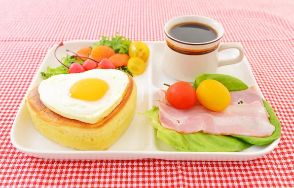 Egg, coffee, Breakfast, tomatoes, tomatoes, bacon, bun, coffee