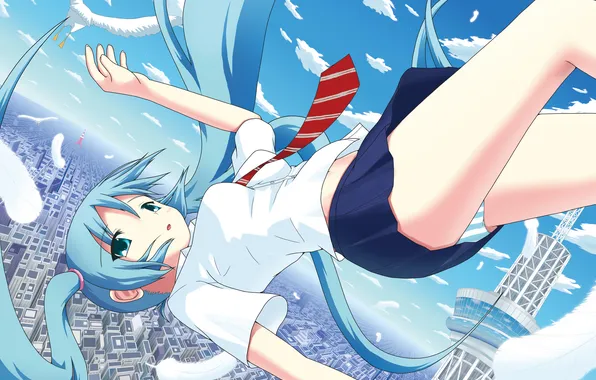The city, tower, feathers, flight, vocaloid, hatsune miku, Vocaloid