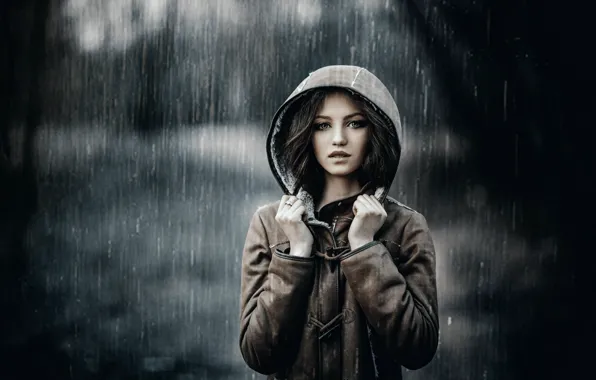 Picture look, girl, drops, rain, model, ring, hood, brown hair