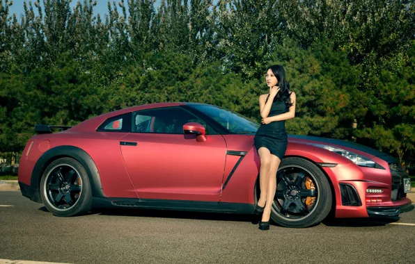 Auto, look, girl, Nissan, Asian, beautiful girl, posing on the car