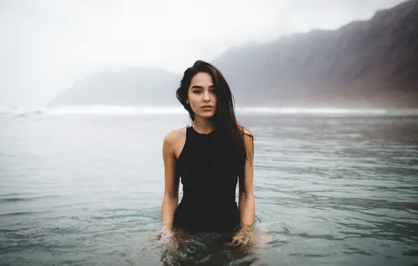 Picture look, landscape, pose, fog, rocks, model, portrait, makeup