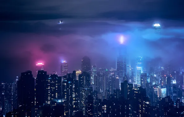 Clouds, lights, skyscrapers, night city, Hong Kong