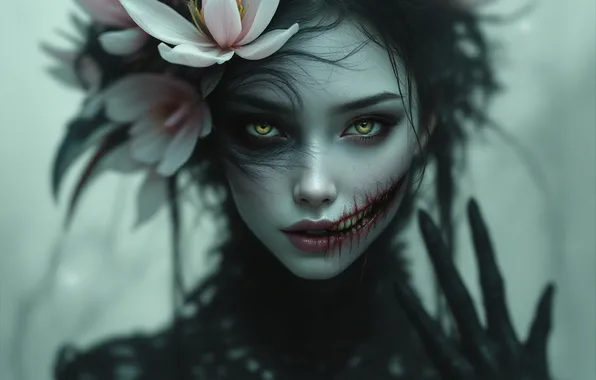 Look, flowers, hand, portrait, teeth, mouth, brunette, in black