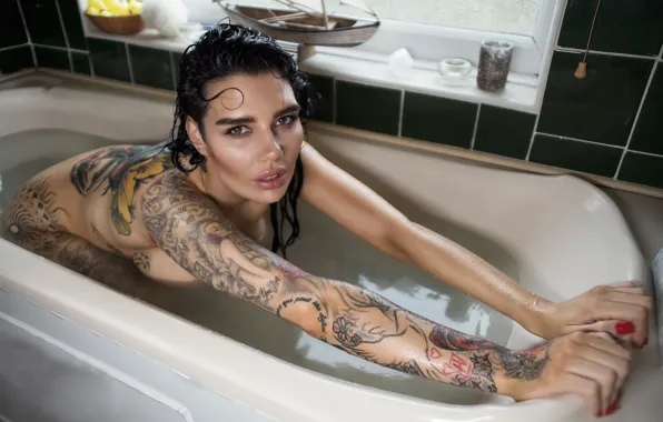 Girl, tattoo, bath, Jack Russell