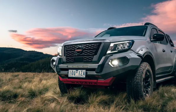 The sky, clouds, mountains, Nissan, Nissan, pickup, Warrior, exterior