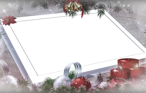Balls, snowflakes, branches, sheet, holiday, candles, frame, Christmas