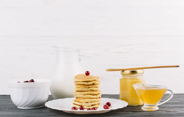 Berries, Breakfast, milk, pancakes