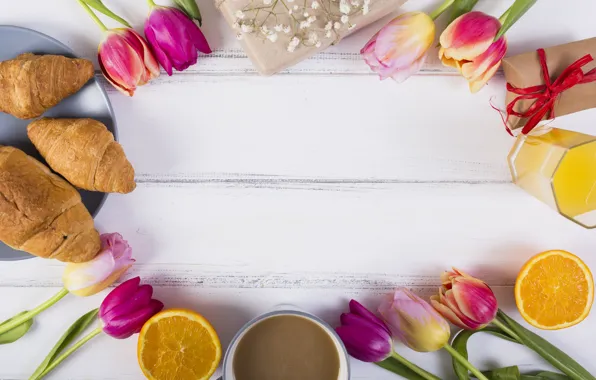 Flowers, coffee, Breakfast, juice, composition, croissants