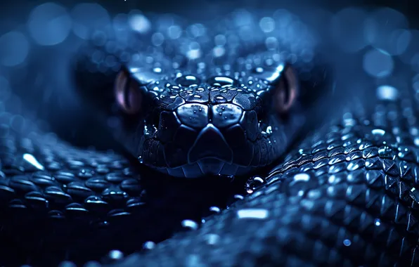 Black, snake, water drops, closeup, AI art