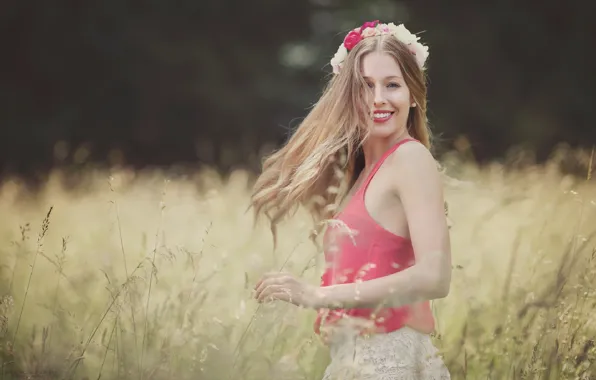 Picture field, look, girl, nature, smile, hair, beauty, wreath