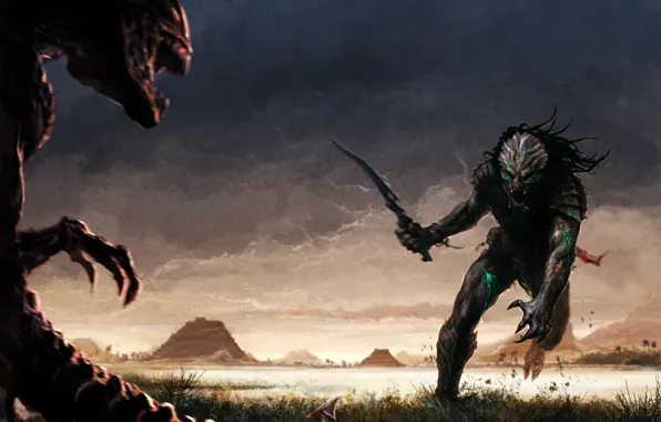 Field, grass, sword, stranger, pyramid, against, predator, aliens vs. predator