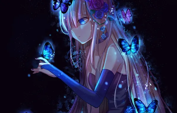 Picture girl, butterfly, flowers, anime, art, krain0406