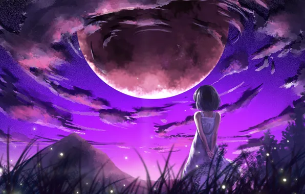 Picture the sky, girl, clouds, mountains, nature, fireflies, planet, anime
