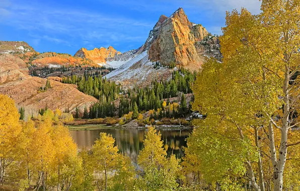 Autumn, snow, trees, mountains, nature, lake, Utah, USA