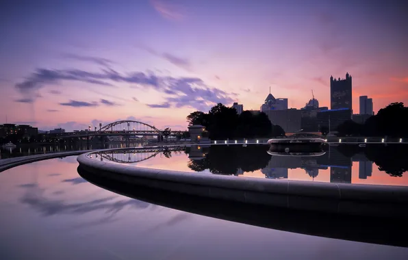 The sky, clouds, bridge, river, home, the evening, fountain