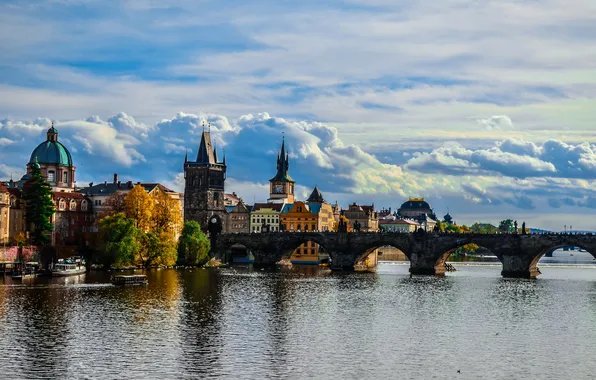 Picture clouds, bridge, river, home, Prague, Czech Republic, promenade
