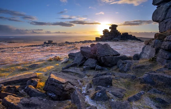 Landscape, sunset, stones, valley