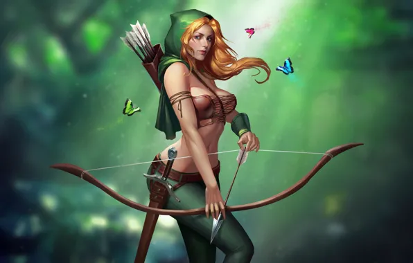 Picture Girl, Chest, Look, Blonde, Green, Girl, Butterfly, Sword