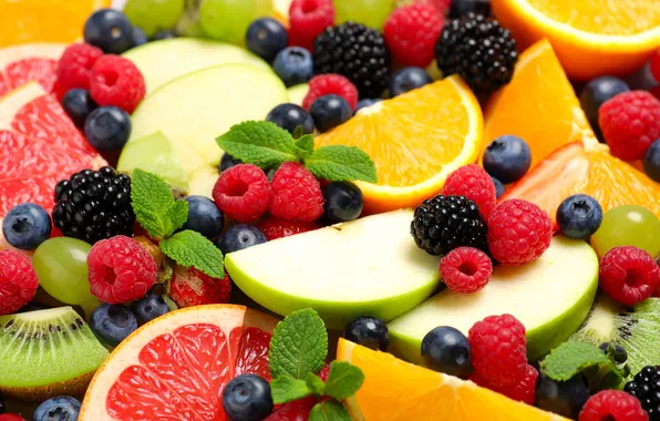 Berries, raspberry, apples, oranges, blueberries, fruit, leaves, placer