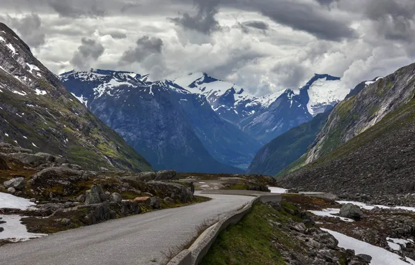 Road, clouds, mountains, tops