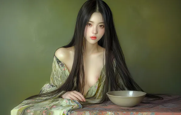 Picture chest, girl, table, portrait, makeup, brunette, bowl, Asian