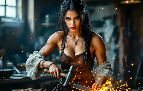 Chest, look, girl, fire, portrait, sword, hammer, brunette