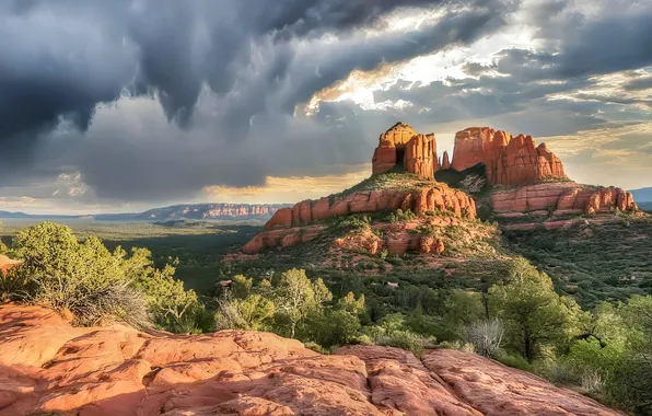 The sky, mountains, clouds, rocks, vegetation, dal, canyons, AI art