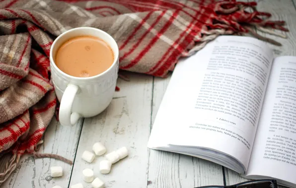Coffee, book, marshmallows