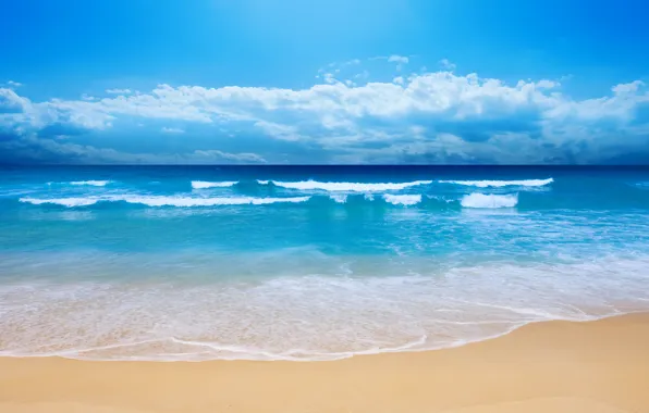 Sand, sea, wave, beach, summer, the sky, clouds, blue