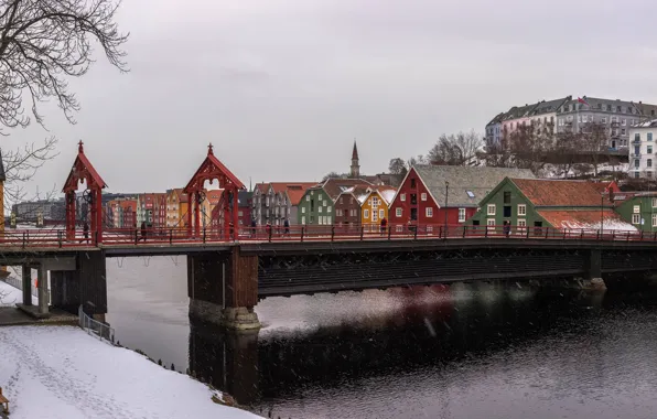 Winter, snow, trees, bridge, river, home, Norway, promenade