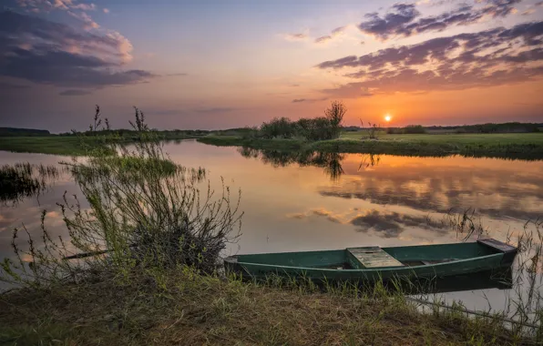 Landscape, nature, river, dawn, boat, morning, Bank, Robert Kropacz