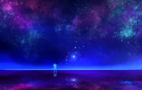 Picture water, girl, night, silhouette, starry sky