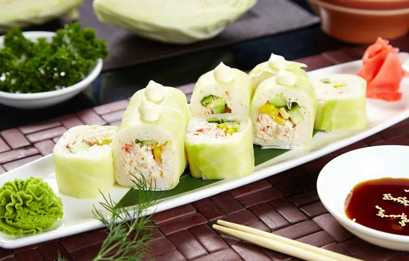 Picture sauce, cabbage, sushi, rolls, wasabi, filling, vegetarian