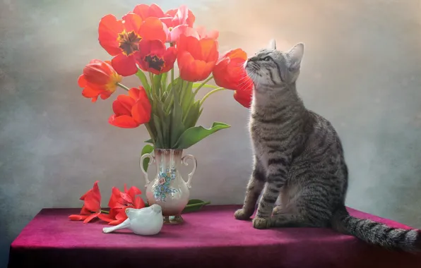 Picture cat, cat, flowers, tulips, vase, bird, figure, Kovaleva Svetlana