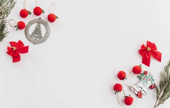 Balls, branches, toys, silver, texture, Christmas, red, white background