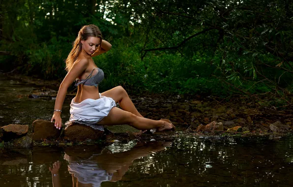 Girl, nature, pose, river, stones, feet, bra, Evelyn