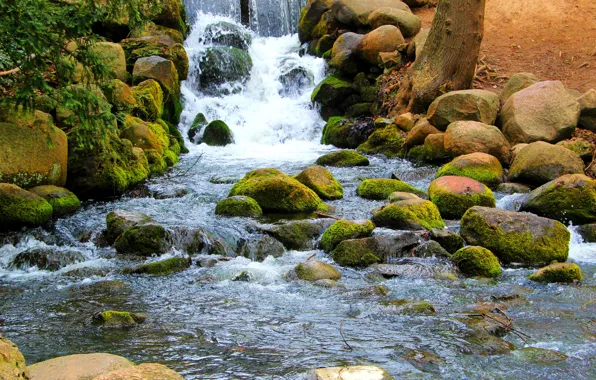 Park, waterfall, stones, boulders