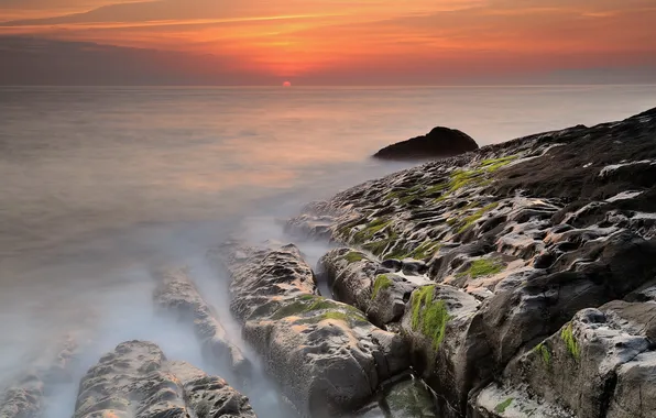 Sea, landscape, sunset, rocks
